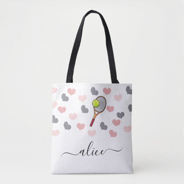 Tote Bag Tennis Racket Ball & mignonne Rose Heart Girls Nom (Devant)