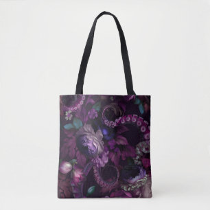 Tote Bag Tente tentaculaire rose foncé gothique avec fleurs