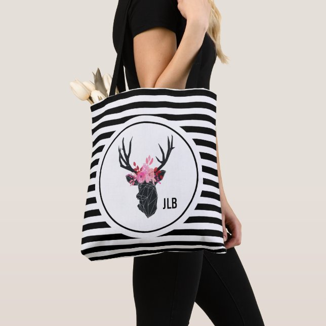 Tote Bag Tête de cerf géométrique avec couronne florale (De près)