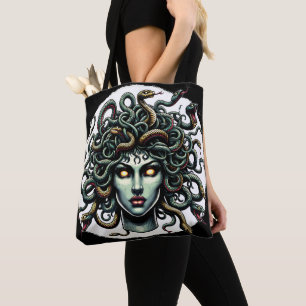 Tote Bag Tête de Méduse verte pensive pleine de Serpents
