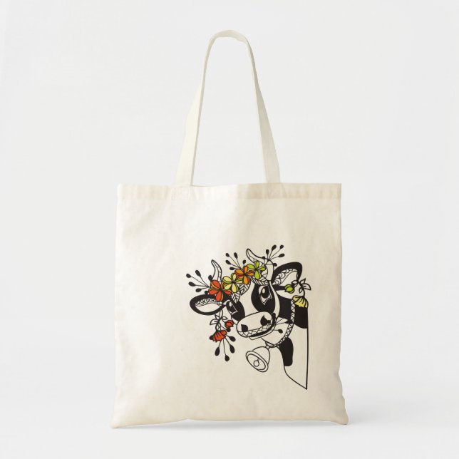 Tote Bag Tête de vache drôle avec des fleurs (Devant)
