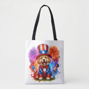 Tote Bag Tête Patriotique Oncle Sam Puppy Fireworks