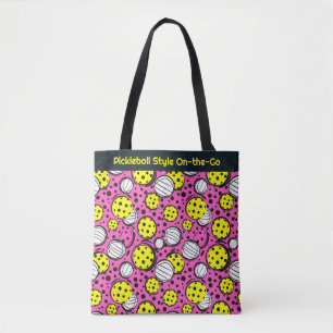 Tote Bag Texte personnalisé boules de pickleball jaune rose
