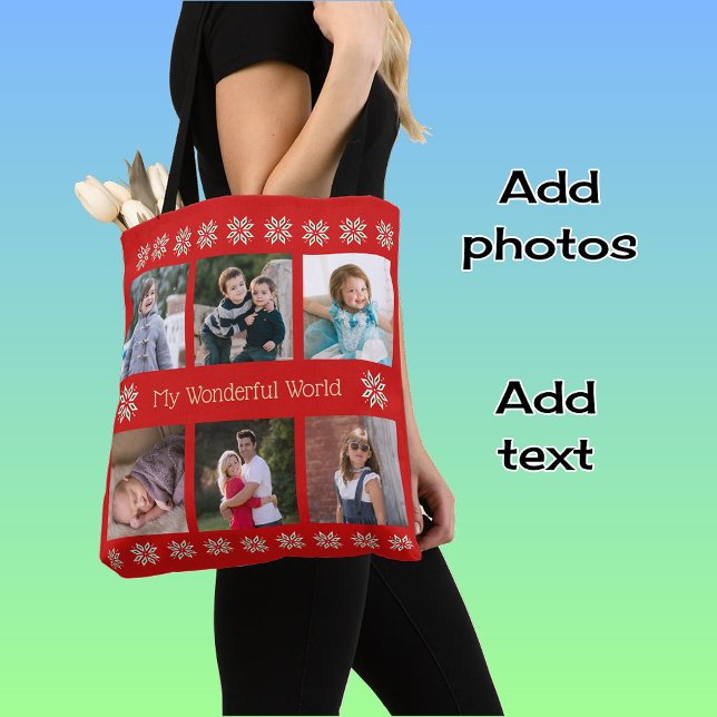 Tote Bag Texte personnalisé six photos fleurs d'hiver rouge (Créateur téléchargé)