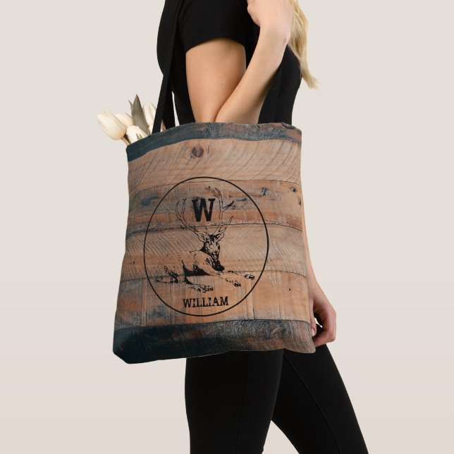 Tote Bag Texture en bois rustique et monogramme de cerfs su (De près)