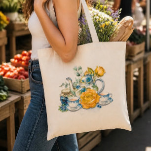 Tote Bag Théière Bleue et Blanche Chinoiserie Roses Thé Par