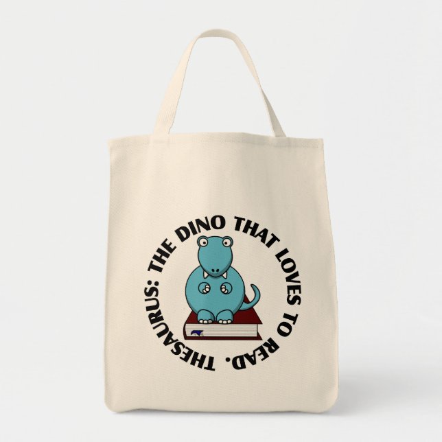 Tote Bag Thésaurus : Un dinosaure qui aime lire des livres (Devant)