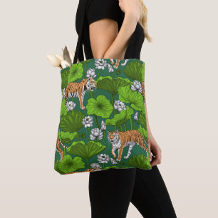 Tote Bag Tigres dans l'étang du lotus blanc