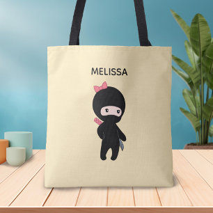 Tote Bag Tiny Ninja Girl Nom personnalisé sur Jaune