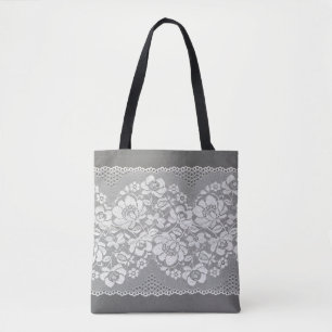 Tote Bag Tissu de dentelle blanc sur gris 