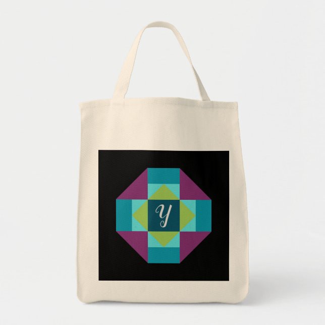 Tote Bag Toile de bloc de courtepoint de grange à monogramm (Devant)