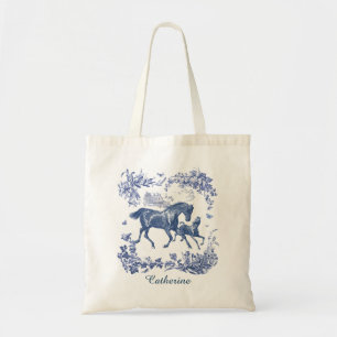 Tote Bag Toile de campagne élégante vintage chevaux bleus