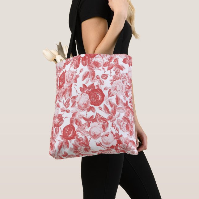 Tote Bag Toile romantique Roses rouges Motif floral sur bla (De près)