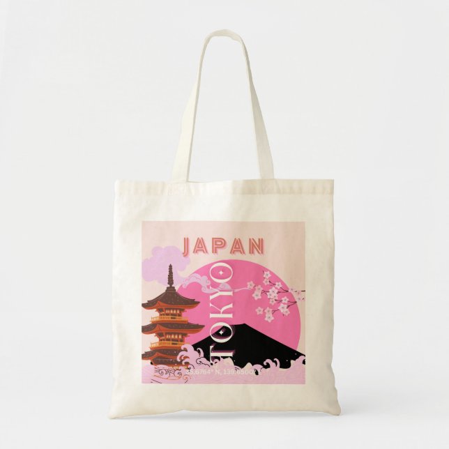 Tote Bag Tokyo Japan Travel Art, Retro Travel Art, Rose (Devant)