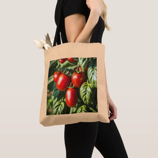 Tote Bag tomates rouges mûres et design feuille (De près)