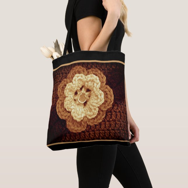 Tote Bag Tons beiges de Fleur Brown Crochet Artiste (De près)