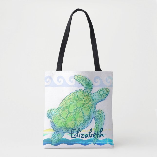 Tote Bag Tortue de mer bleue et verte (Devant)