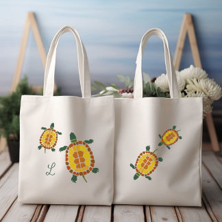 Tote Bag Tortues de jardin dessinées à la main initiale per