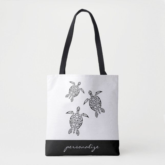 Tote Bag Tortues tribales argentées Monogramme côtier blanc (Devant)