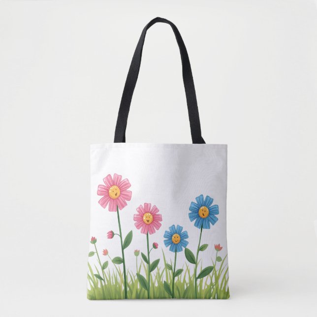 Tote Bag Tote -Flower Design with smiley face (Devant)