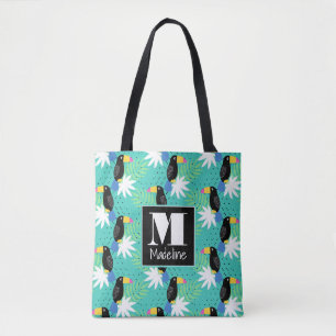 Tote Bag Toucans sur Turquoise Monogramme