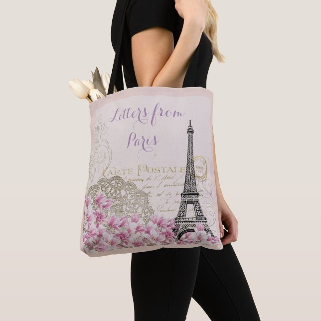 TOTE BAG TOUR EIFFEL DE PARIS, LETTRES ROMANTIQUES FLORALES (De près)