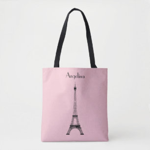 Tote Bag Tour Eiffel noir rose de Paris avec le nom