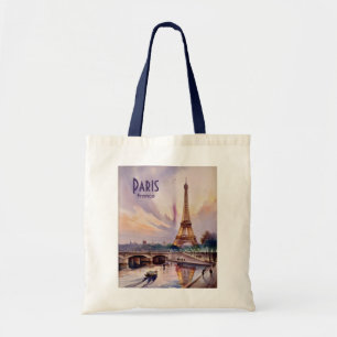 Tote Bag Tour Eiffel Paris Aquarelle Coucher de soleil Rétr