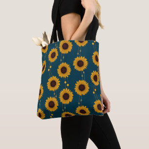 Tote Bag Tournesol Art Nouveau Rétro Fleurs Jaunes Rayures