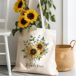 Tote Bag Tournesol rustique vintage à aquarelle monogrammé