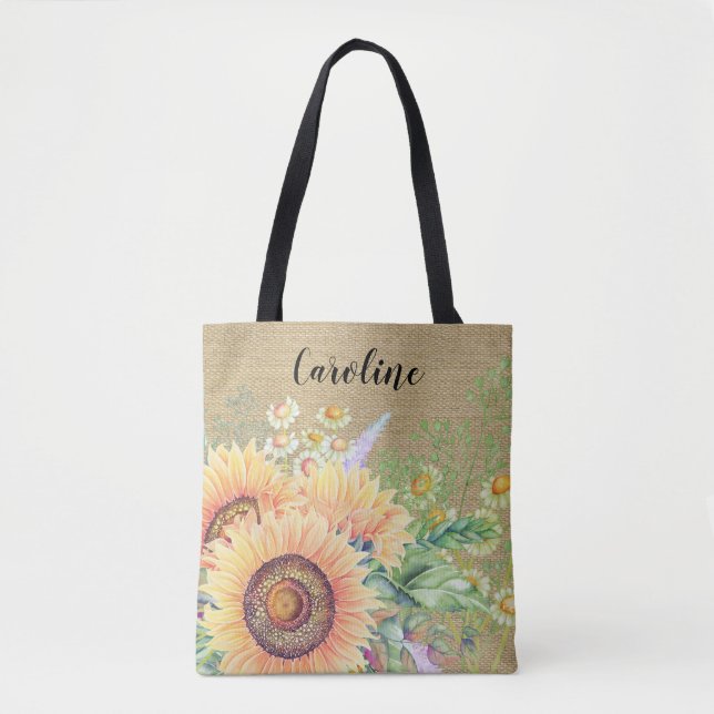 Tote Bag Tournesols rustiques | Nom personnalisé Faveur de  (Devant)