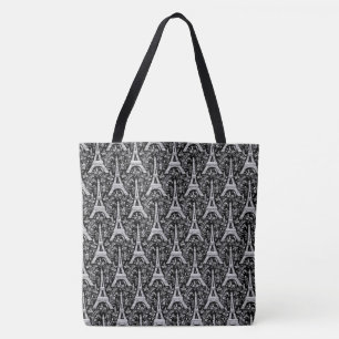 Tote Bag Tours Eiffel et fleurs Noir