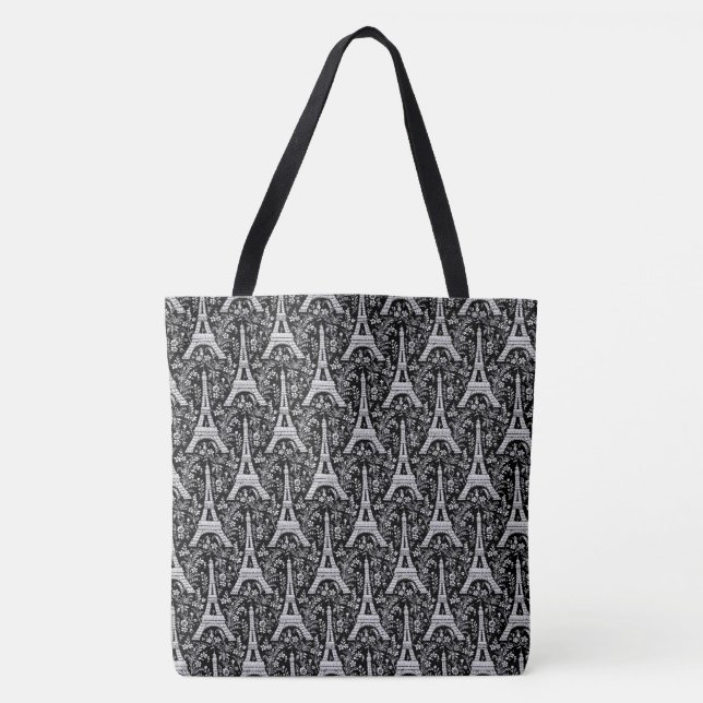 Tote Bag Tours Eiffel et fleurs Noir (Devant)