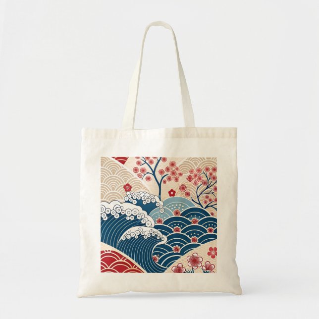 Tote Bag Traditional Red Blue Japanese Wave Sakura Pattern (Devant)