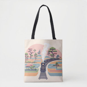 Tote Bag Train à vapeur vintage dans une forêt pastel rêvée