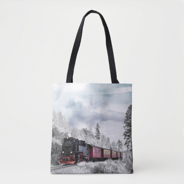 Tote Bag Train vintage traversant Winter Wonderland (Devant)