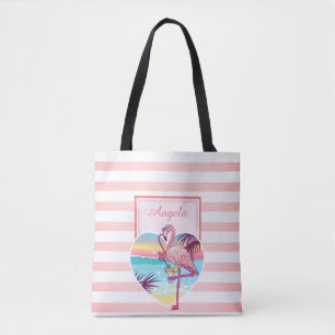 Tote Bag Trandy rayé, flamant rose, cocktail - personnalisé