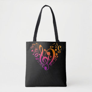 Tote Bag Treble Bass Clef Notes musicales Coeur coloré