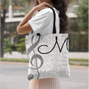 Tote Bag Treble Clef Music Note Monogramme avec nom blanc