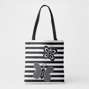 Tote Bag Trendy Black and White Butterfly Stripes avec nom