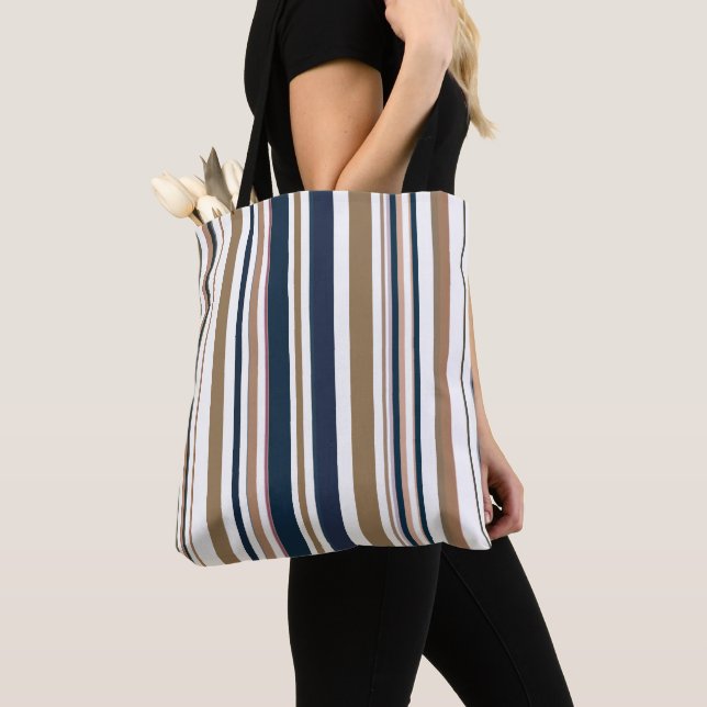 Tote Bag Trendy Modern Dark Blue et Gold Stripes (De près)