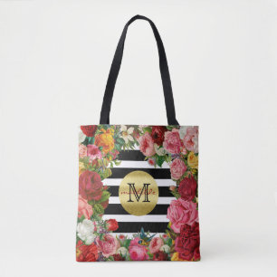 Tote Bag Trendy Monogram Stripes Rose Fleurs Parties scinti