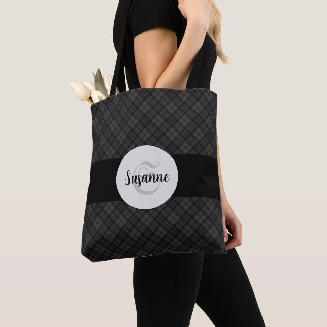 Tote Bag Trendy noir blanc tartan Personnaliser Monogramme (De près)