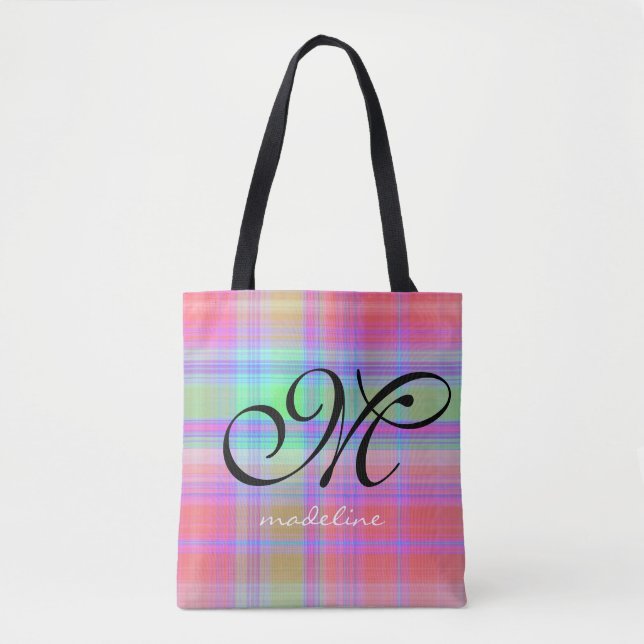 Tote Bag Trendy Rainbow Plaid Stripes Girly Script Monogram (Devant)