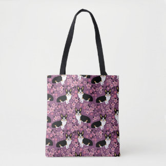 Tote Bag Tri fleurs de cerisier colorées de corgi - pourpre