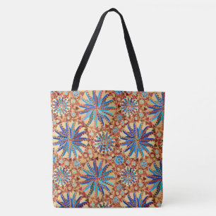 Tote Bag Tribal Mandala Print, Camel Tan et Denim Blue