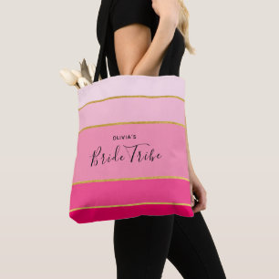 Tote Bag Tribu de mariée personnalisée rayée rose et or