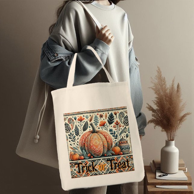 Tote Bag Trick ou Traiter Citrouille Fall Foliing Bohemian  (Trick or Treat Pumpkins Fall Foliage Bohemian Art Tote Bag)