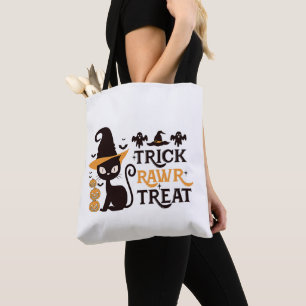 Tote Bag Trick Rawr Treat Black Cat White Halloween