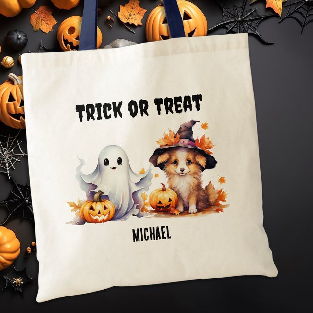Tote Bag Tricoter Ou Traiter Personnalisé Fantôme Chiot Hal (Créateur téléchargé)